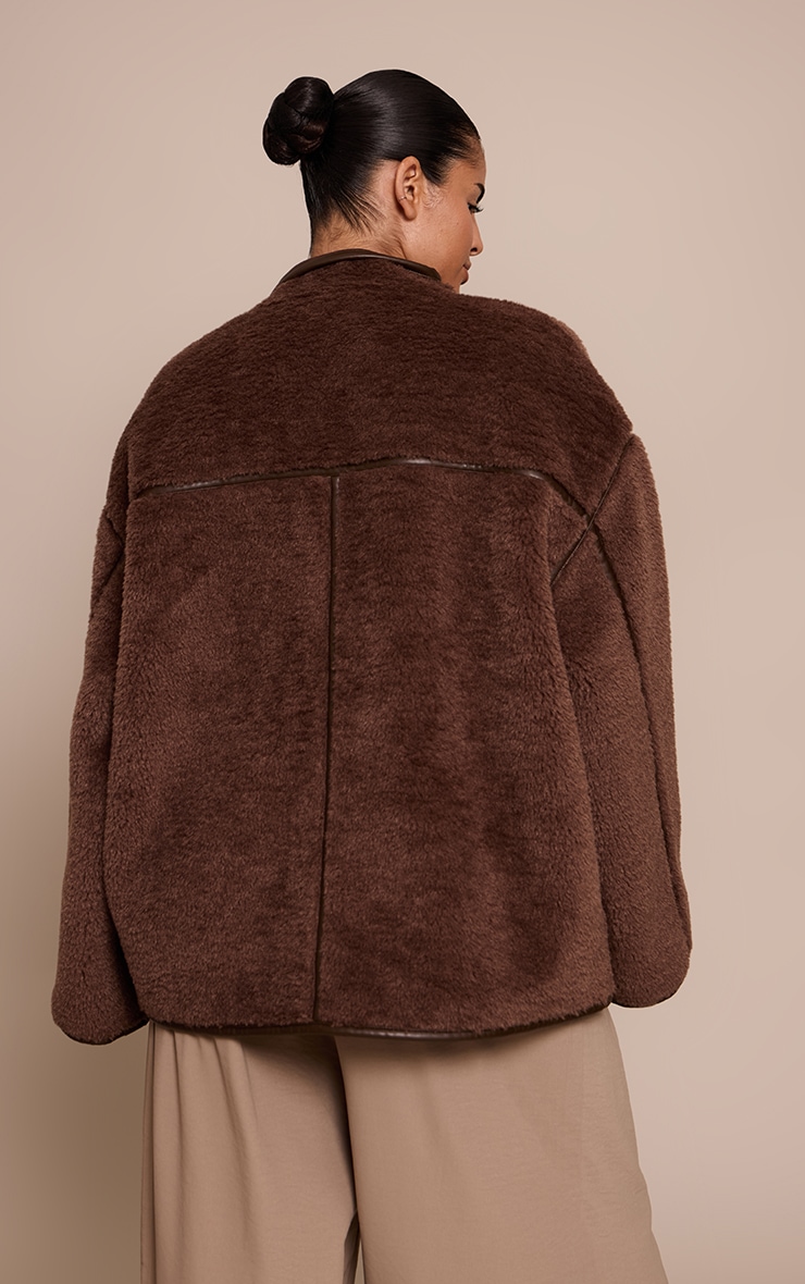 Plus Chocolate Borg Faux Leather Contrast Coat image 2