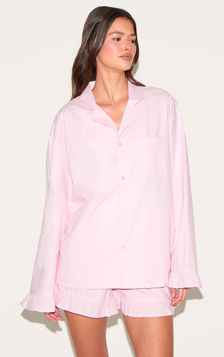 Baby Pink Cotton Poplin Frill Hem Short Pj Set image 1