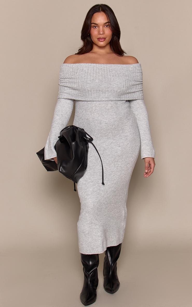 Plus Grey Foldover Bardot Knitted Jumper Dress