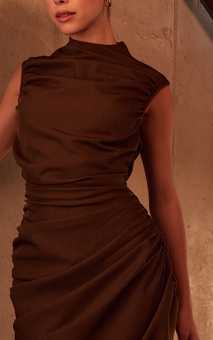 PLT Label Chocolate Brown Ruched Asymmetric Midaxi Dress image 4