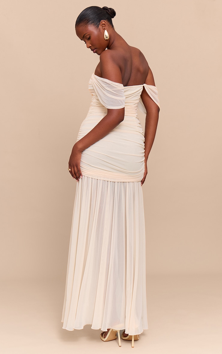 Cream Mesh Bardot Ruched Detail Maxi Dress image 2