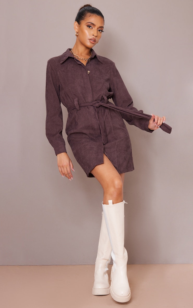 Chocolate Cord Tie Waist Shirt Dress image 1