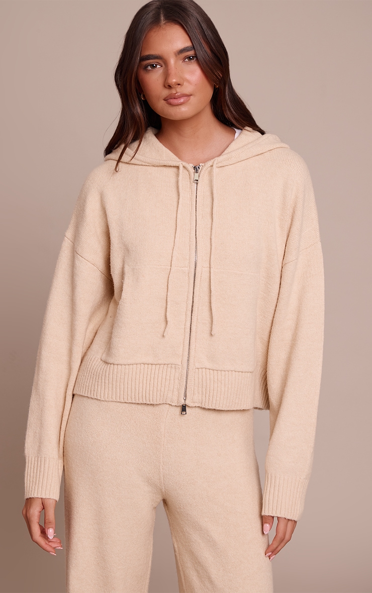 Beige Zip Through Knitted Hoodie image 1