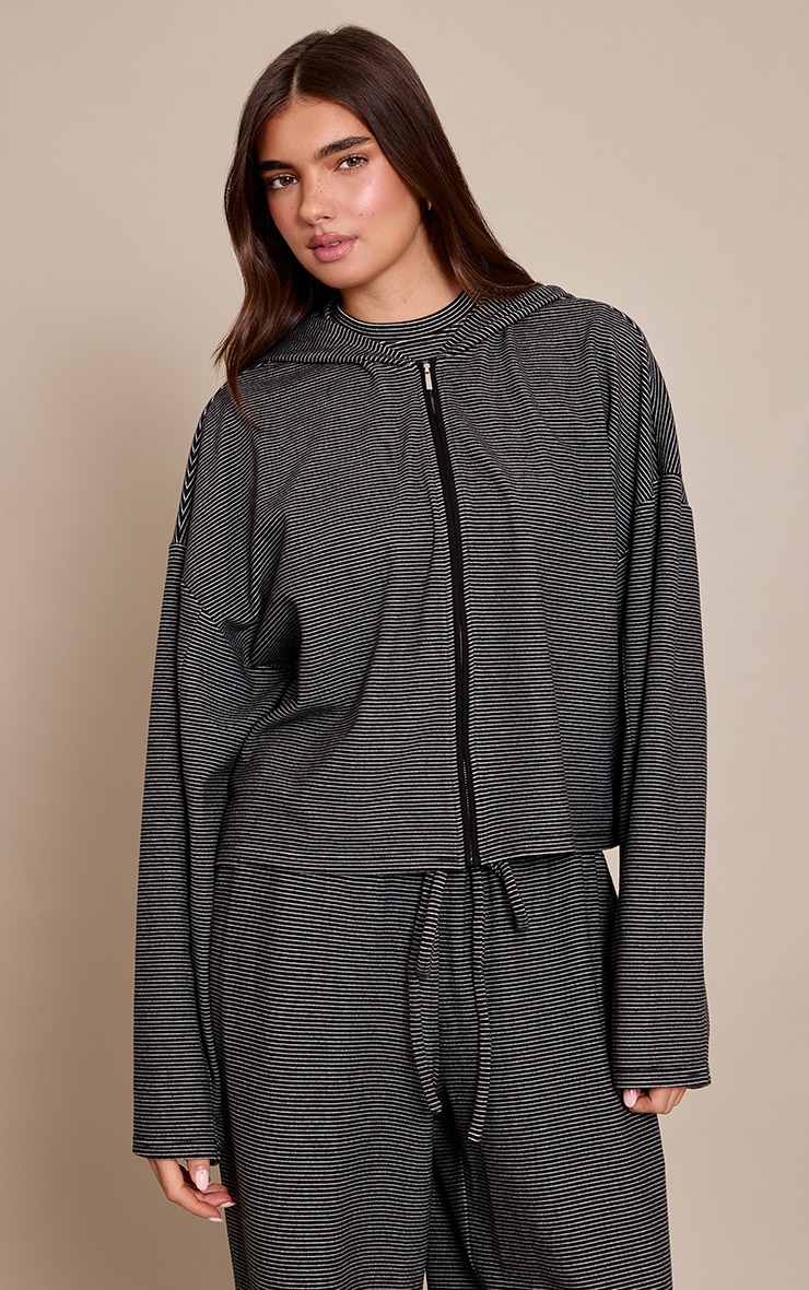 Black Striped Soft Fleece Zip Up Jacket image 1