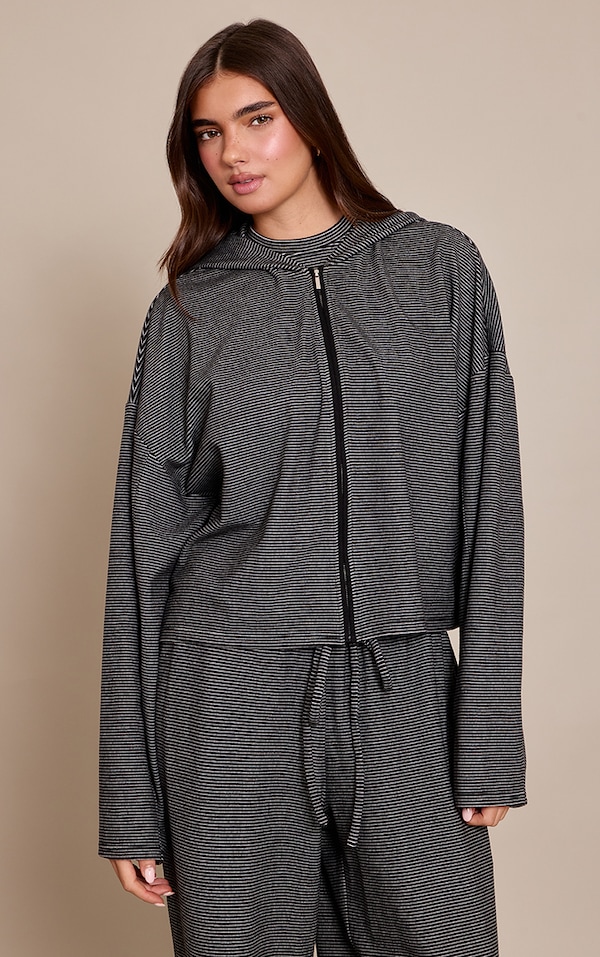 Black Striped Soft Fleece Zip Up Jacket