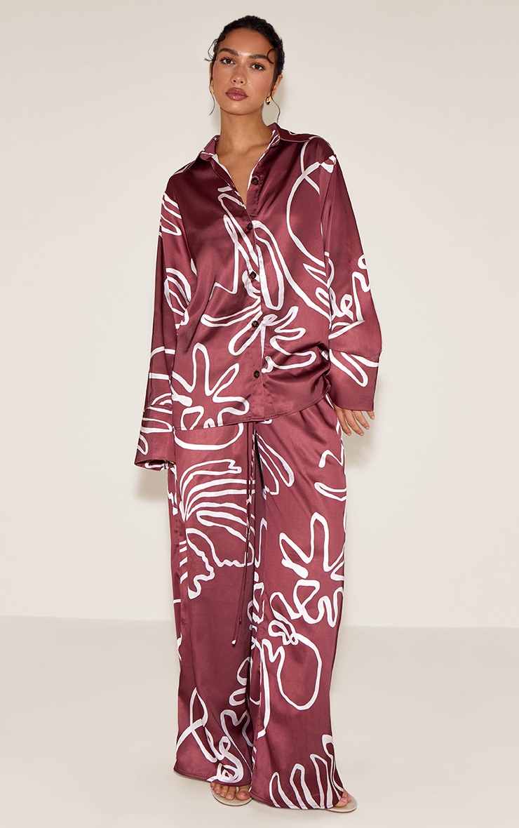 Brown Printed Satin Drawstring Wide Leg Pants image 1
