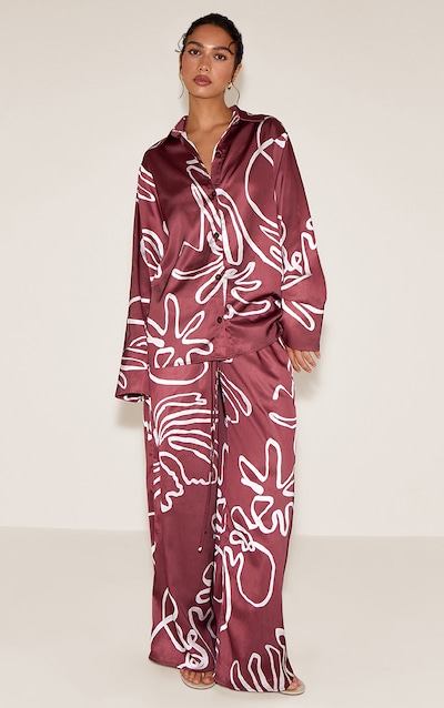 Brown Printed Satin Drawstring Wide Leg Pants