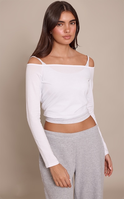 Top bardot en coton blanc à partie superposée et manches longues