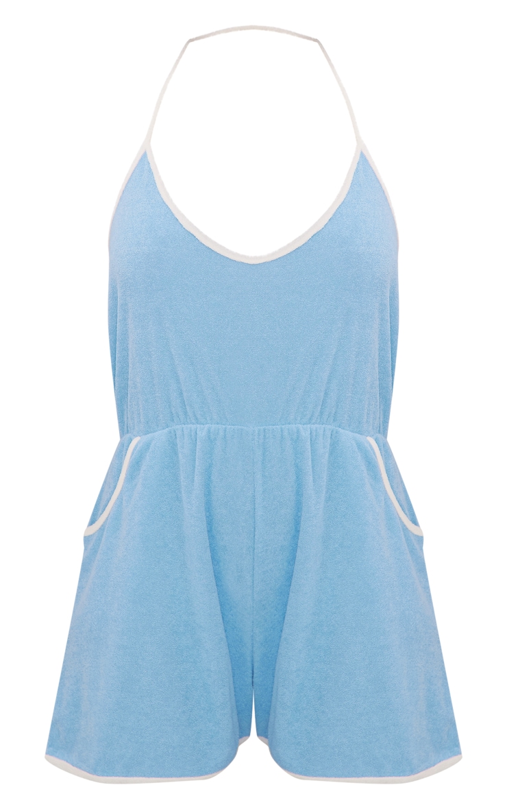 Blue Towelling Contrast Pocket Halter Romper PrettyLittleThing USA
