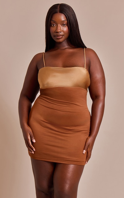 Plus Brown Contrast Bust Panel Strappy Mini Dress