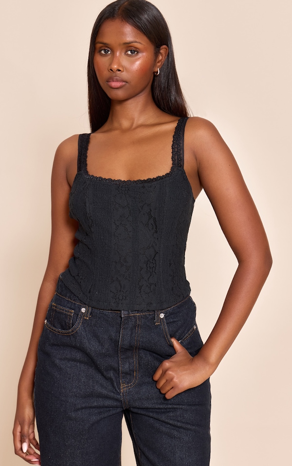 Black Lace Detail Strappy Cropped Corset Top