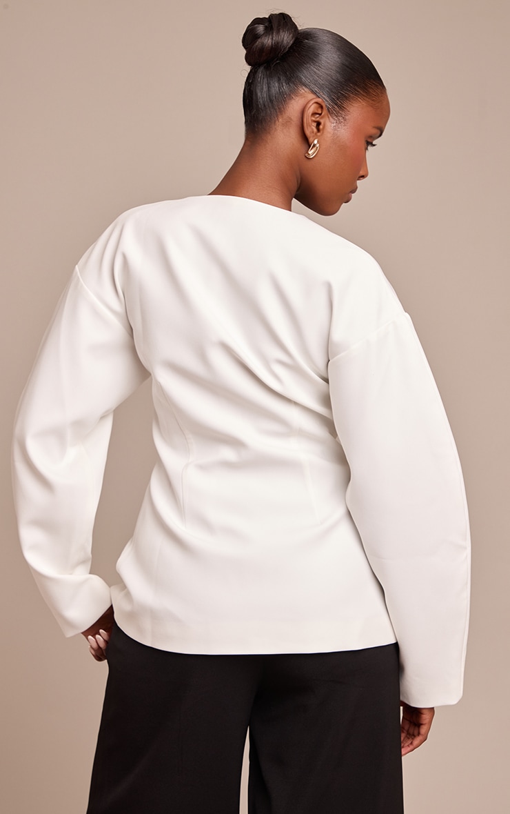 Cream Collarless Fabric Covered Button Blazer image 2
