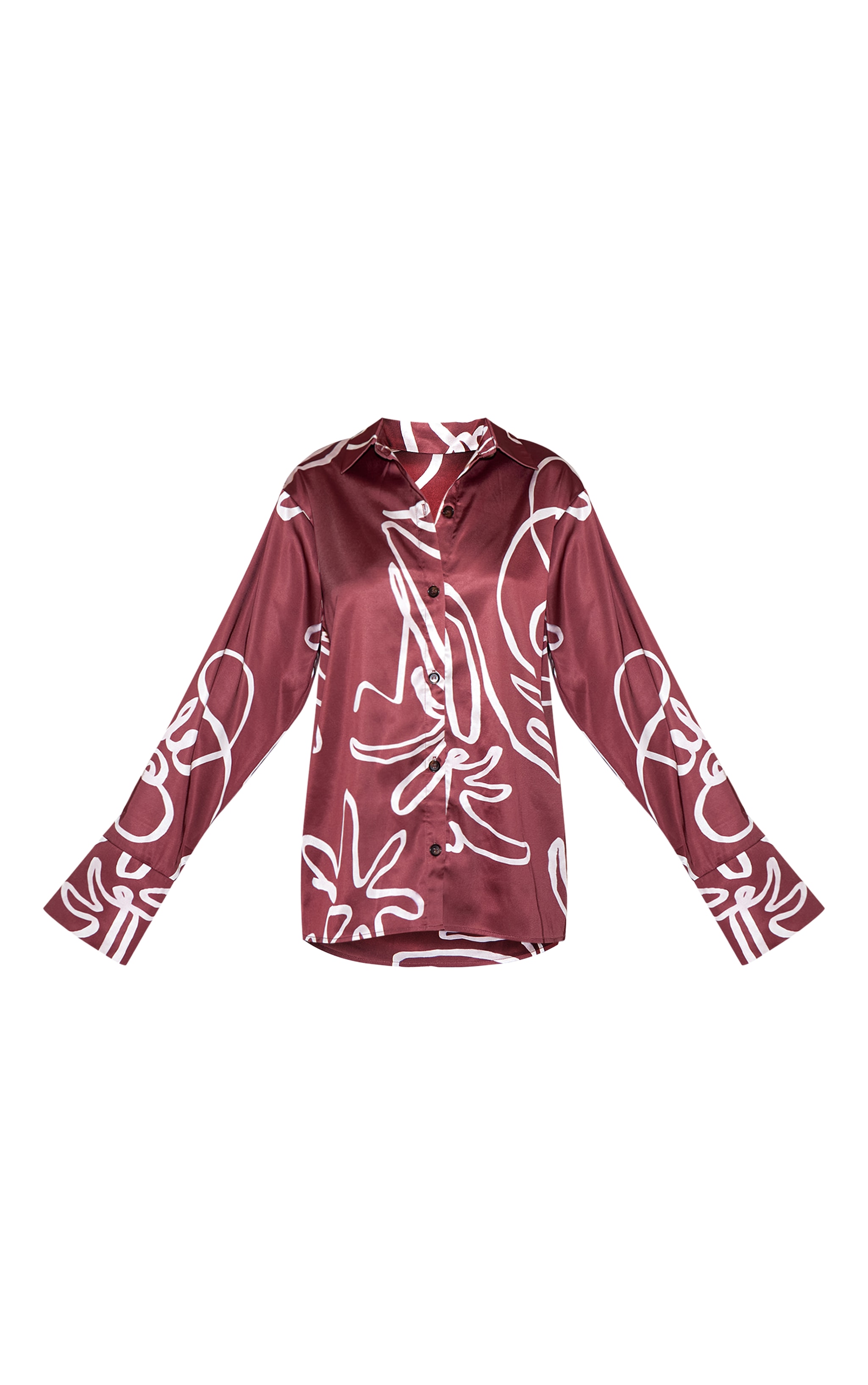 Brown Printed Oversized Satin Button Up Shirt image 5