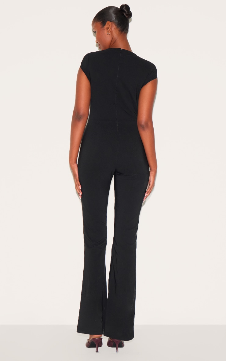 Black Stretch Woven Corset Detail Cap Sleeve Flared Jumpsuit image 2
