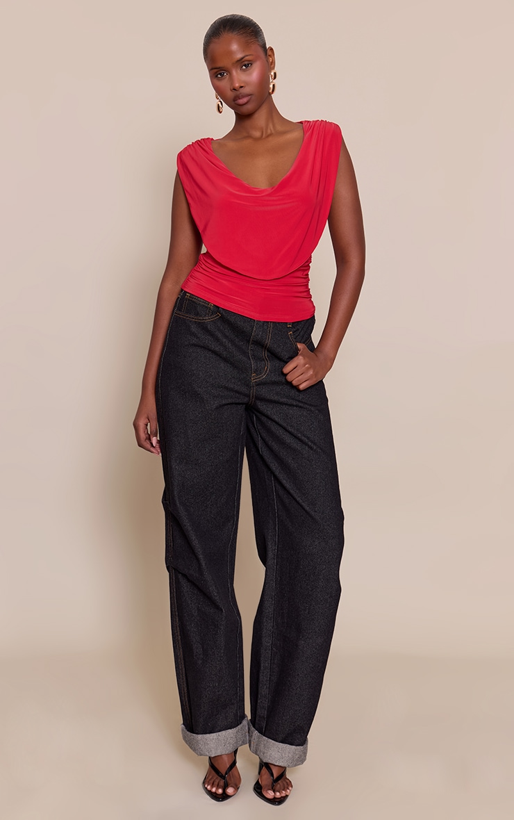 Red Double Layer Slinky Drapey Cowl Neck Top image 3