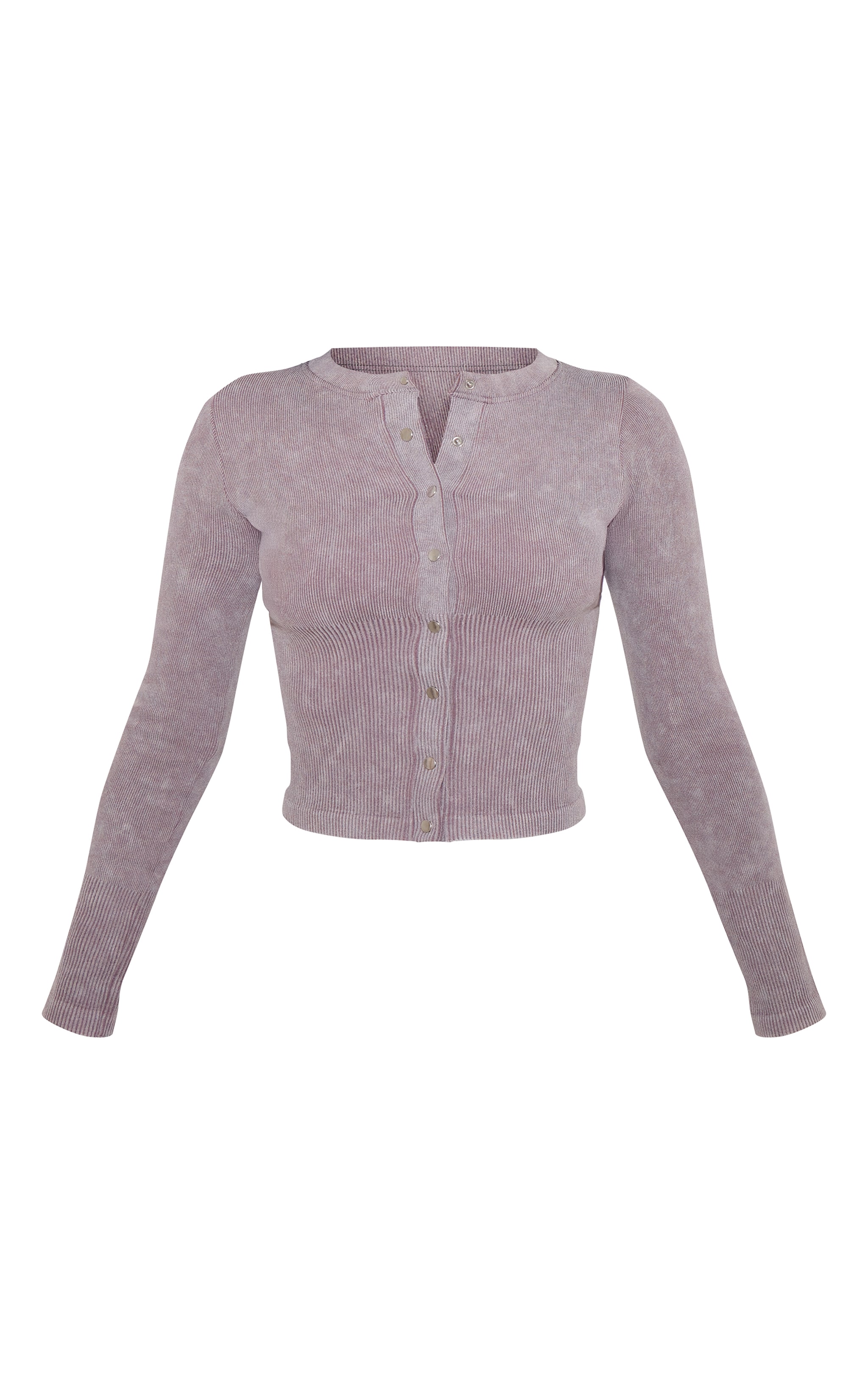 Petite Taupe Faded Contour Rib Long Sleeve Button Up Top image 5