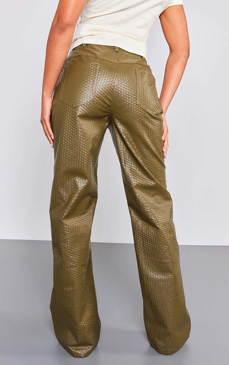 Khaki Textured Faux Leather Straight Leg Pant image 3