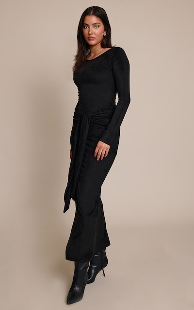 Black Faux Suede Knot Detail Long Sleeve Maxi Dress
