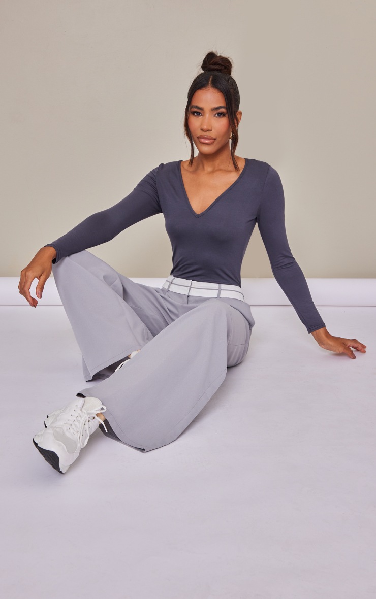 Charcoal Basic V Neck Long Sleeve Jersey Bodysuit image 3