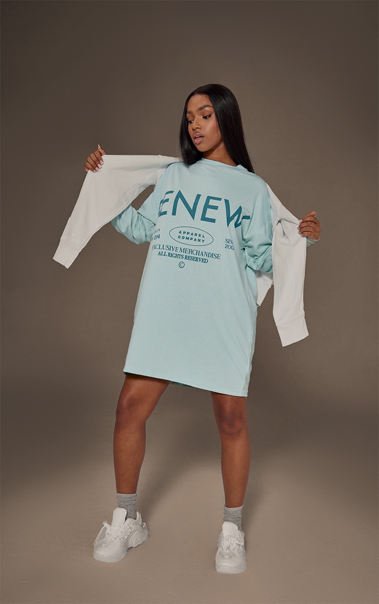 Turquoise Extreme Oversized Printed T-Shirt Dress image 3