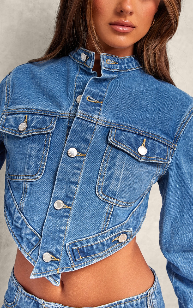 Mid Blue Wash Hanky Hem Cropped Denim Jacket image 4