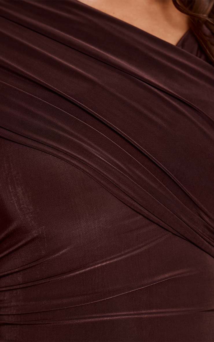 Chocolate Slinky Wrap Off The Shoulder Mini Dress image 4