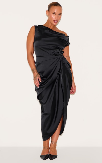 Plus Black Satin Off The Shoulder Draped Skirt Midi Dress