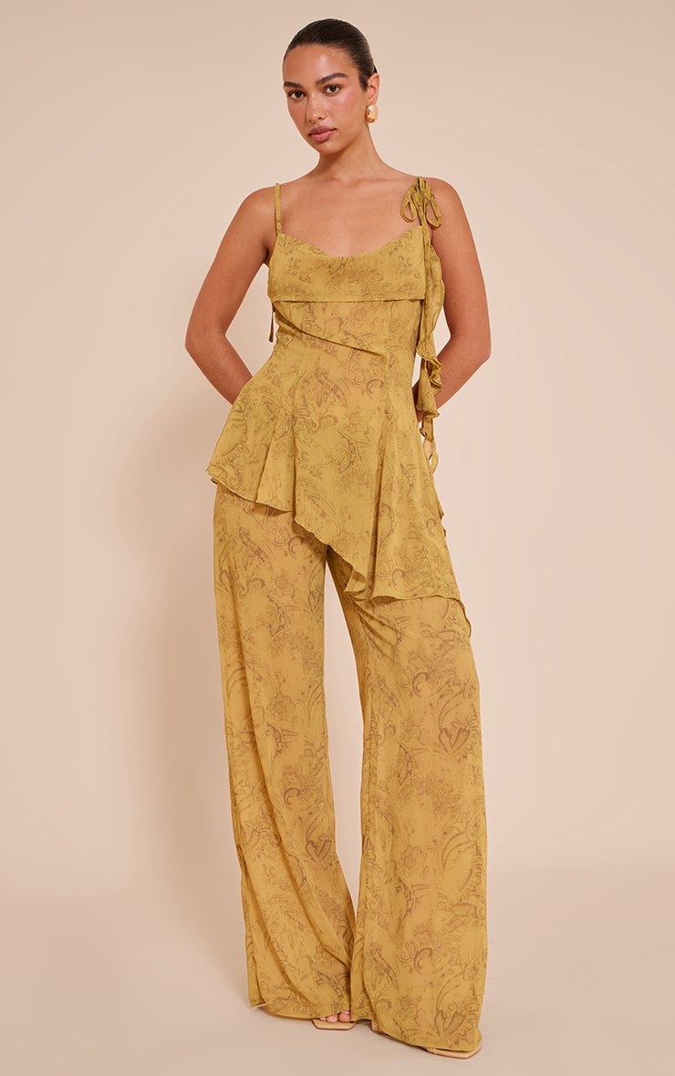 Chartreuse Abstract Print Chiffon Straight Leg Pant image 1