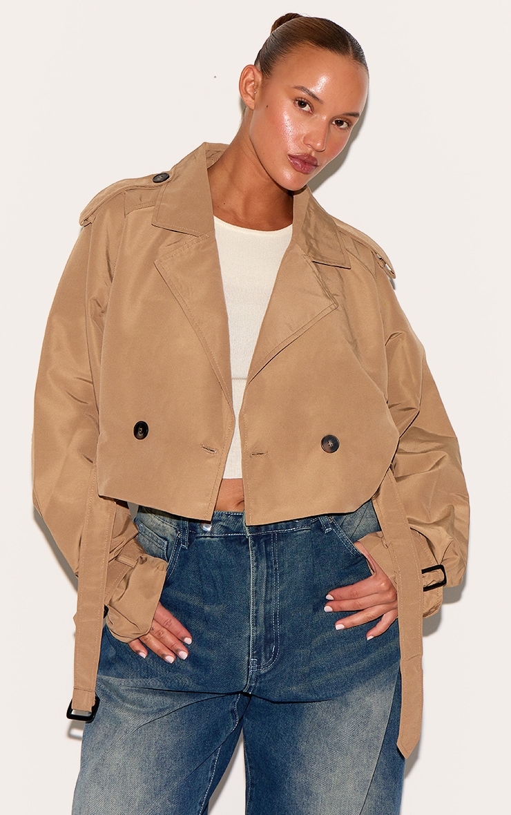 Plus Taupe Belted Cropped Trench Coat image 3