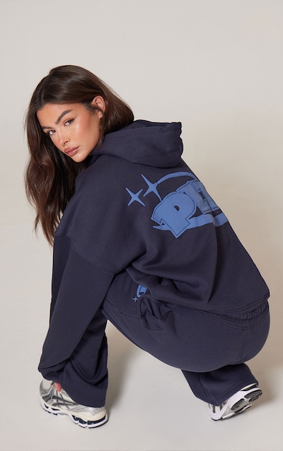 PRETTYLITTLETHING Navy Oversized Puff Print Hoodie
