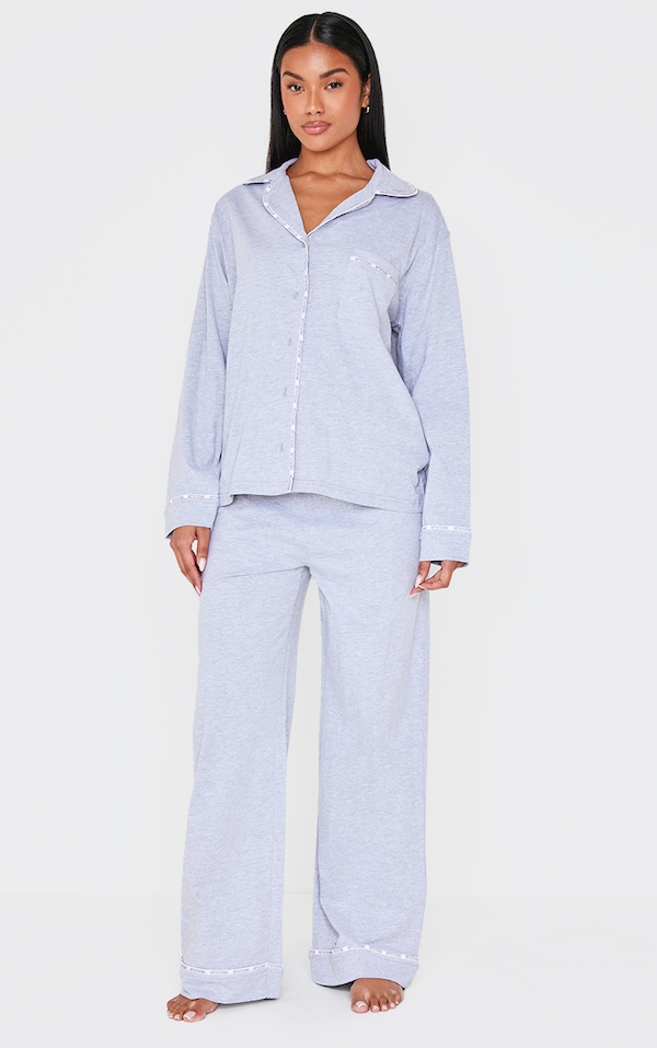 PRETTYLITTLETHING Grey Piping Jersey Long PJ Set