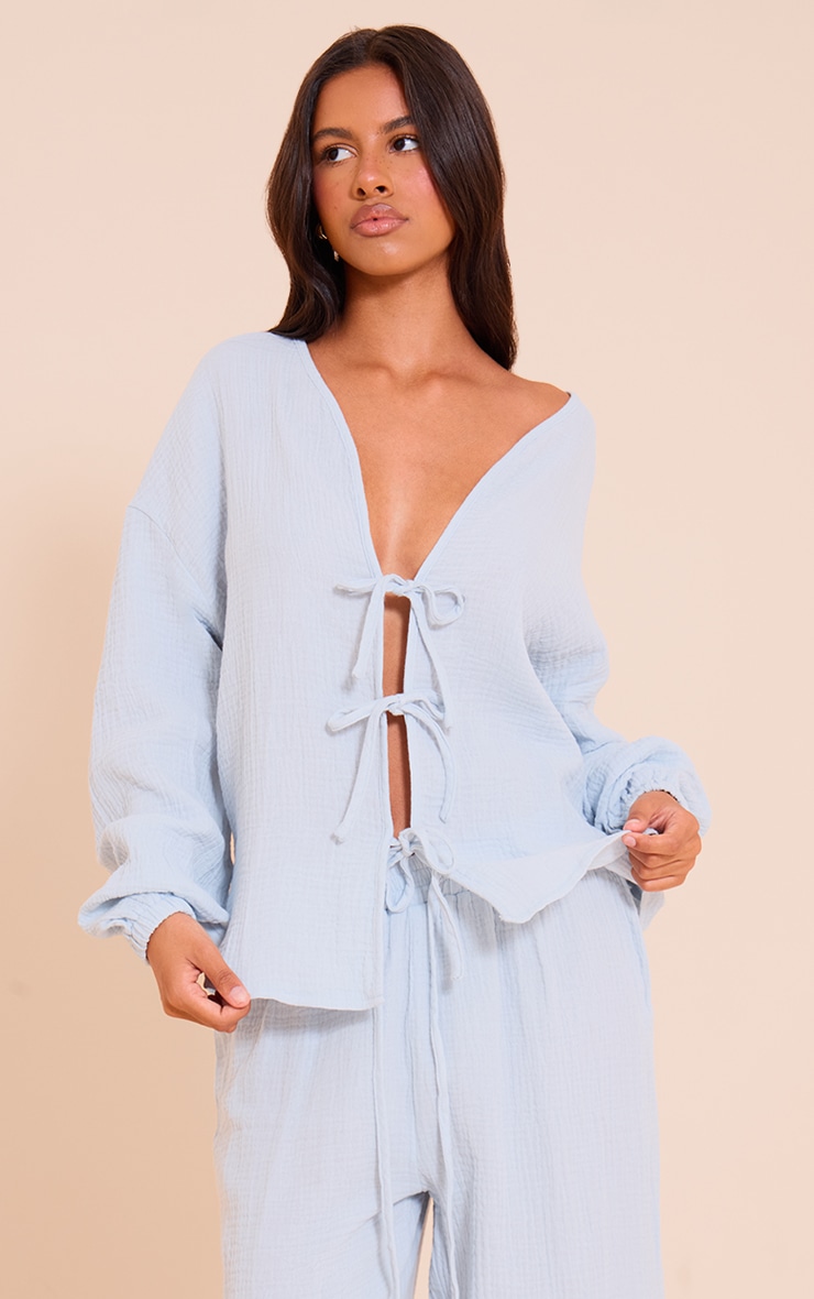 Petite Baby Blue Cheesecloth Textured Tie Front Shirt image 1