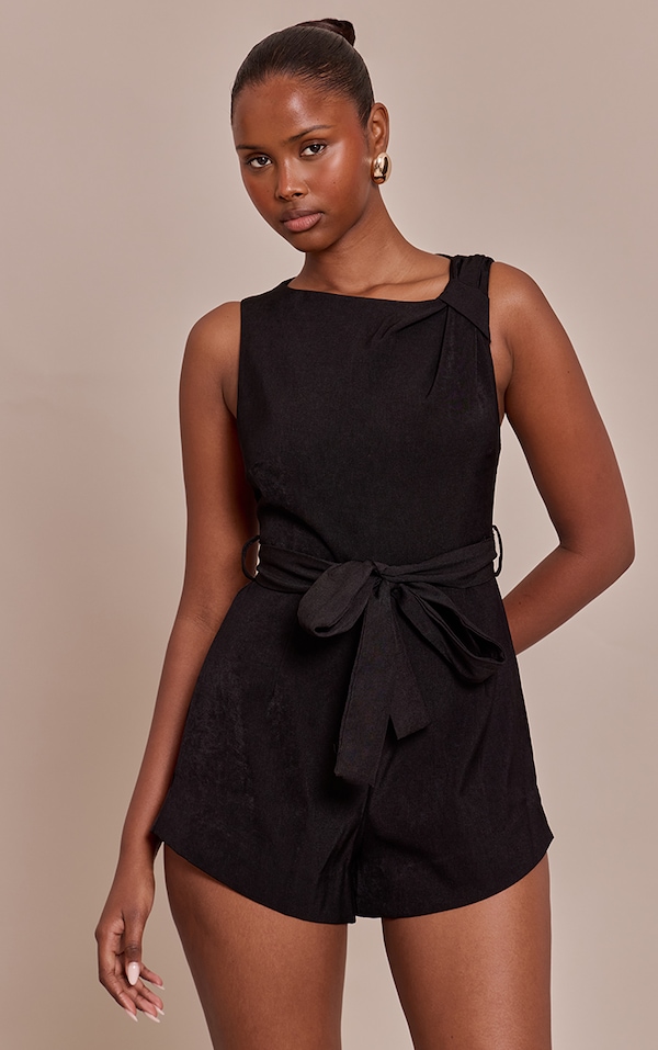Black Woven Tie Belt Romper