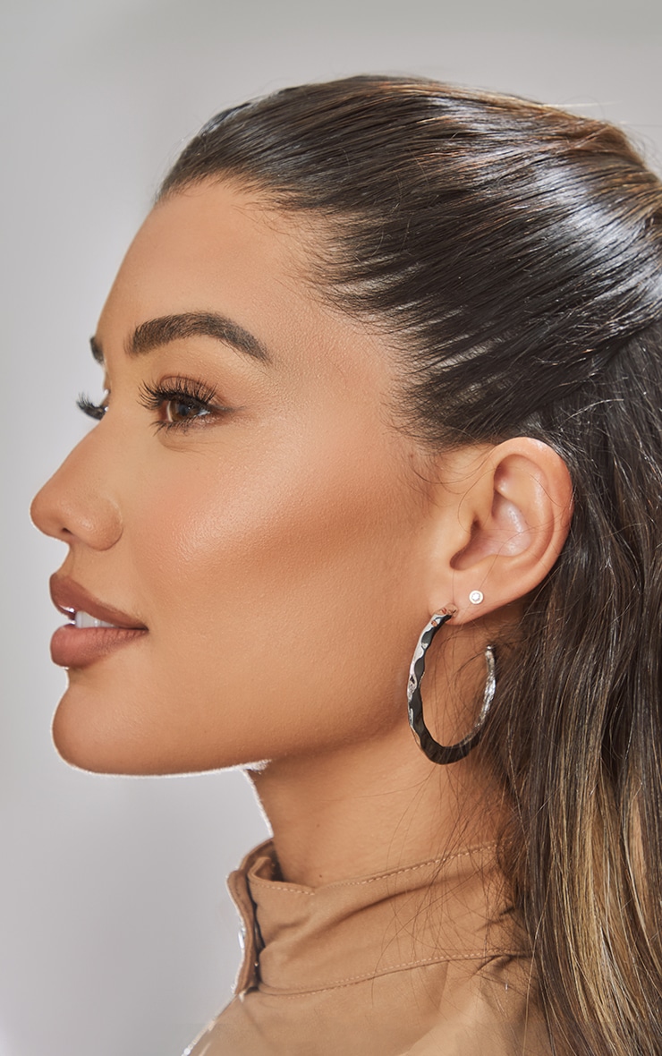 Silver Molten Textured Hoop Earrings PrettyLittleThing UAE