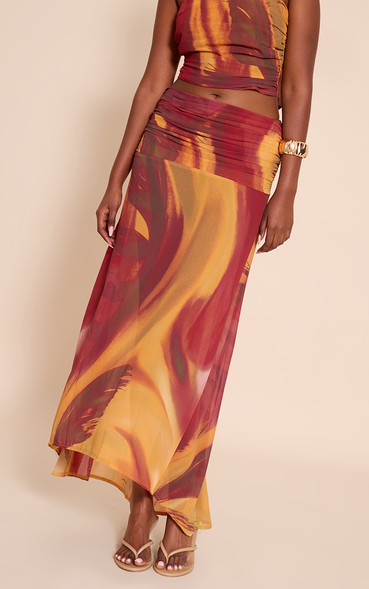 Multi Abstract Printed Chiffon Ruched Maxi Skirt image 2