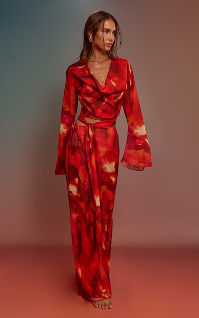 Jupe longue en mousseline de soie imprimée rouge à taille basse