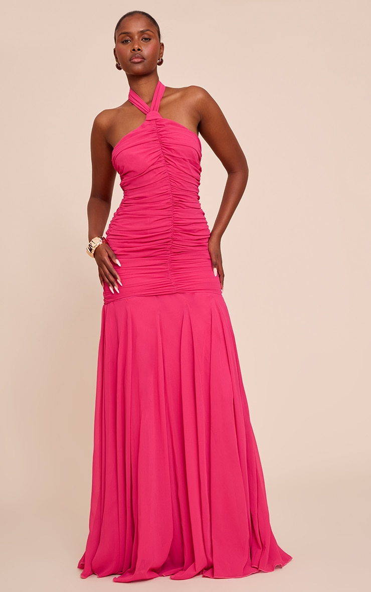 Fuschia Chiffon Halterneck Ruched Dropped Waist Maxi Dress image 3