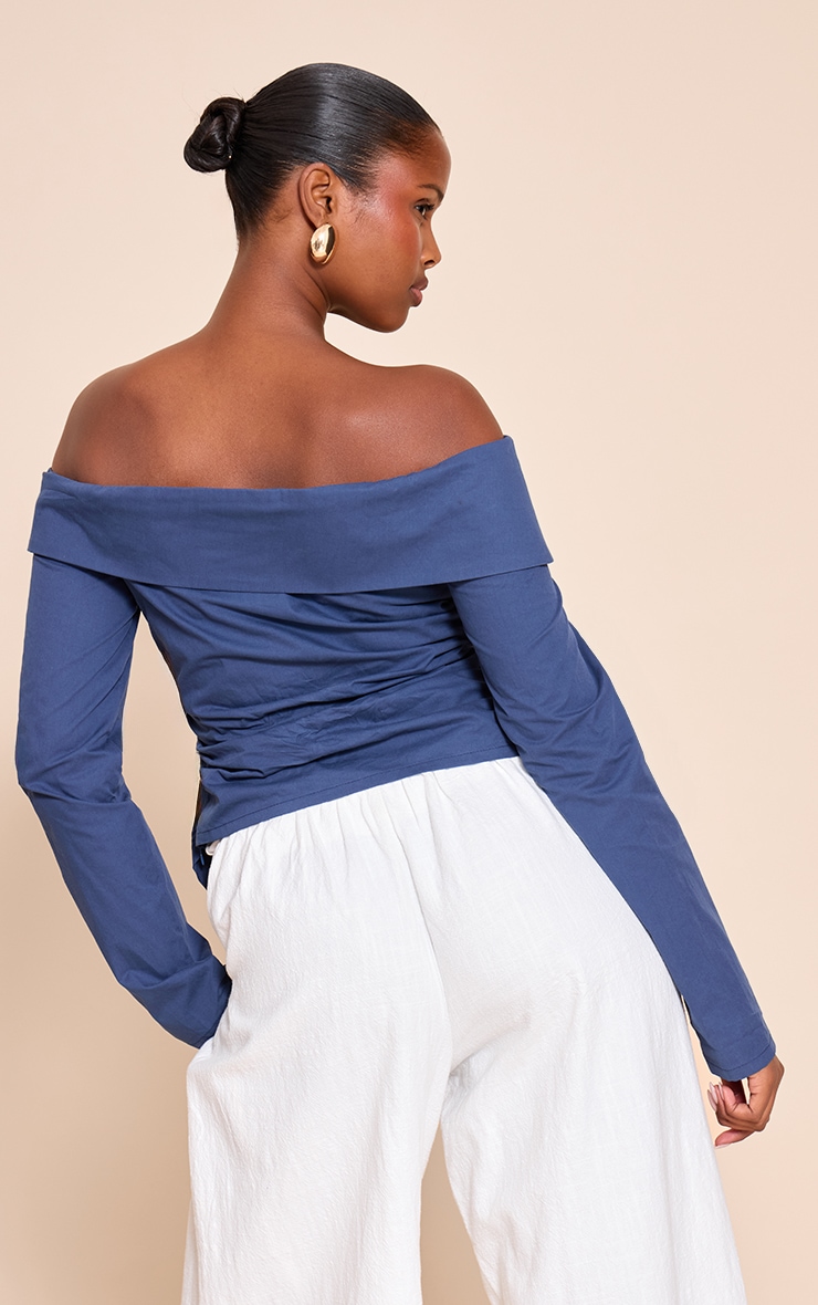 Navy Cotton Ruched Asymmetric Hem Bardot Top image 2