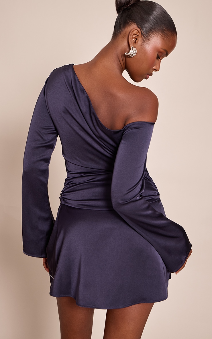 Navy Satin Asymmetric Long Sleeve Mini Shift Dress image 2