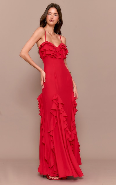Robe longue rouge à bonnets volantés