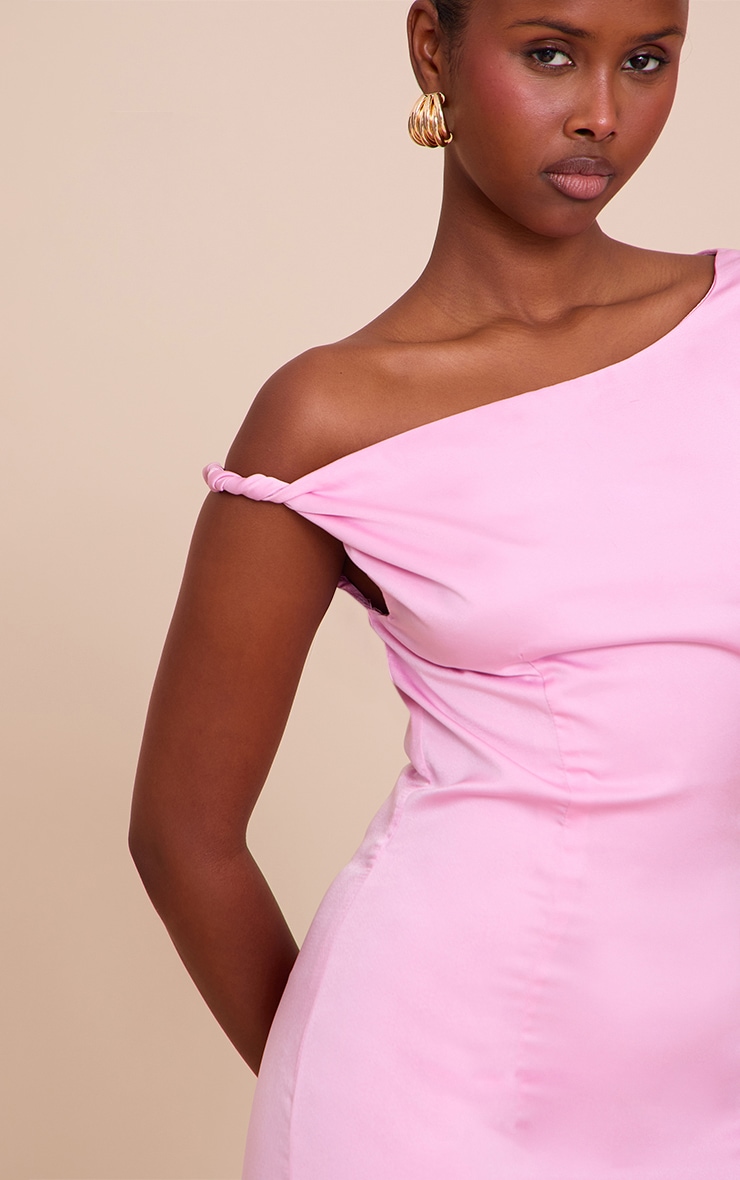Candy Pink Satin Asymmetric Bardot Twist Maxi Dress image 4