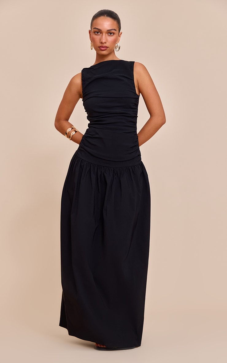 Black Stretch Woven Ruched Detail Drop Waist Maxi Dress image 1