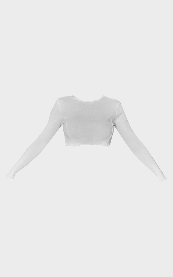 White Rib Contrast Binding Long Sleeve Crop Top image 5