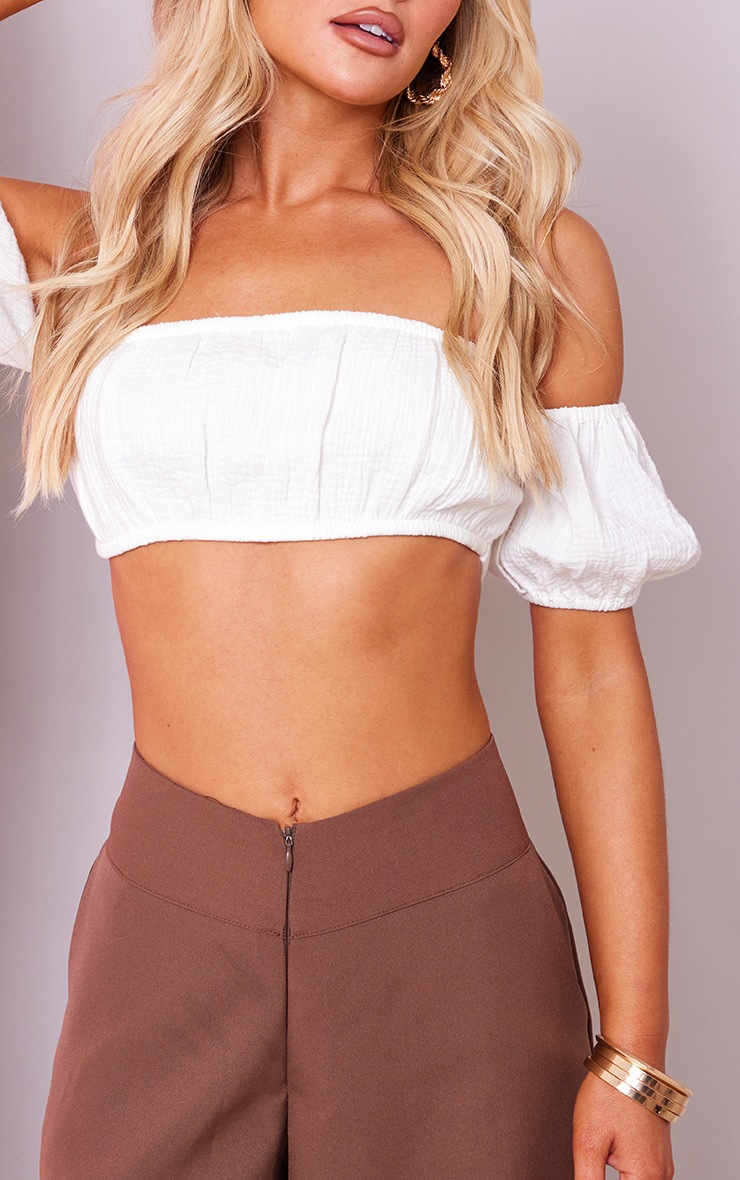 Cream Cotton Shirred Puff Sleeve Crop Top image 4