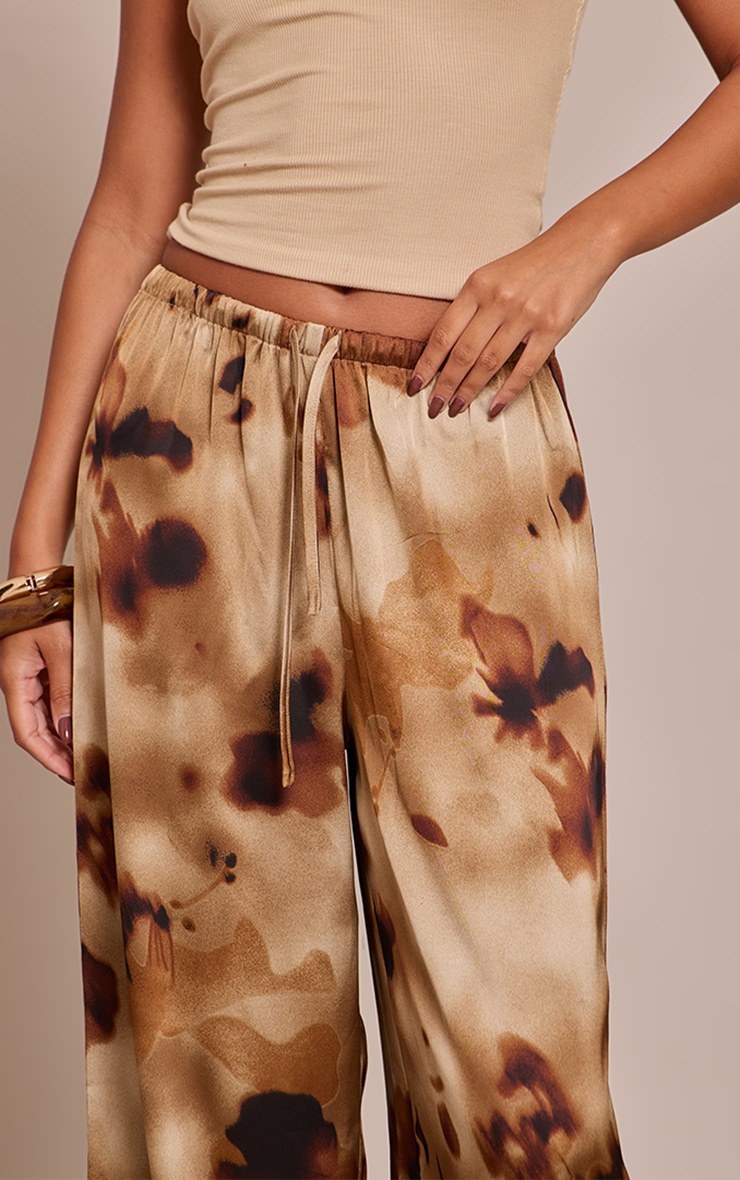 Brown Floral Abstract Print Satin Drawstring Low Rise Pants image 4