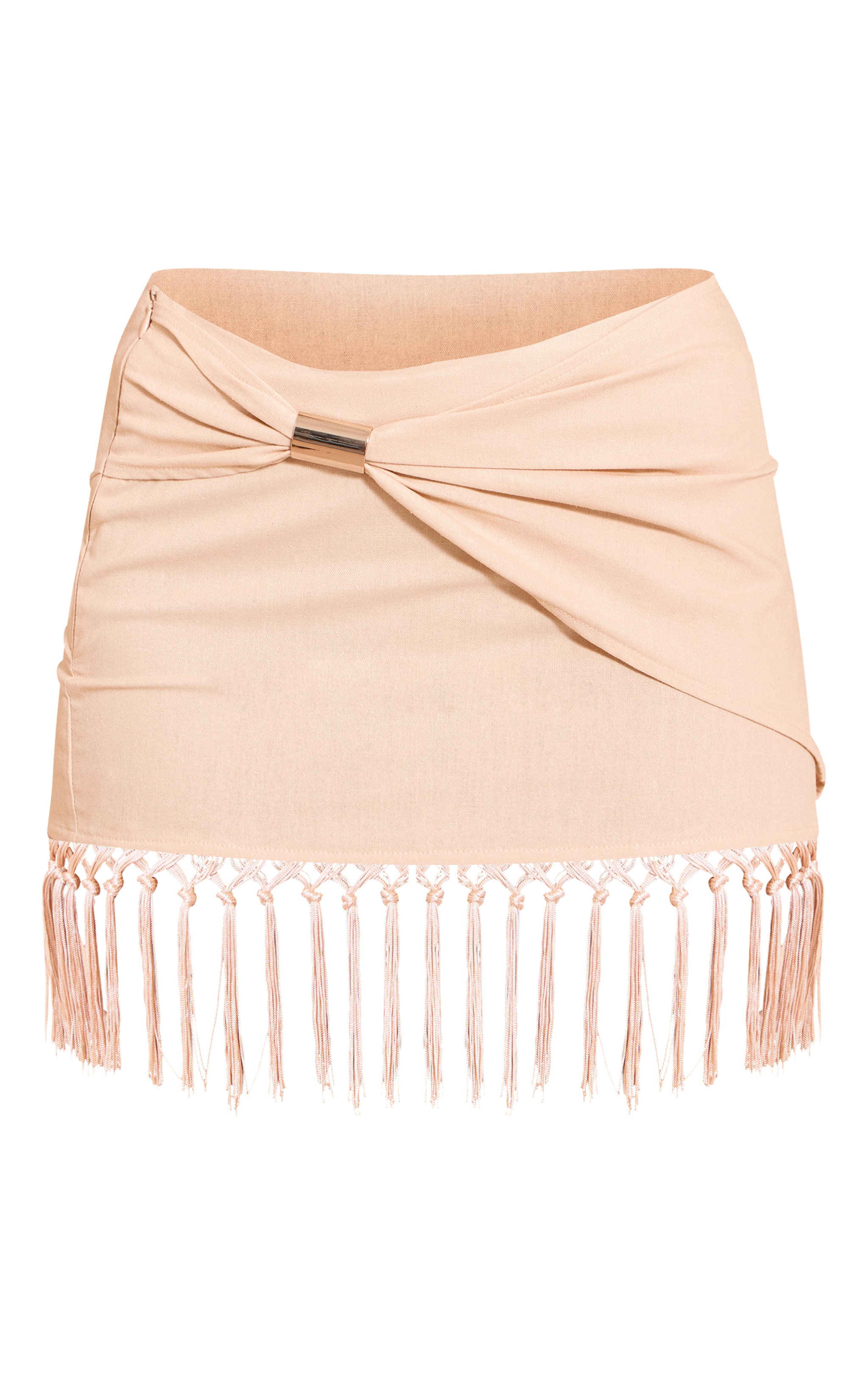 Beige Linen Gold Trim Tassle Hem Mini Skirt image 6