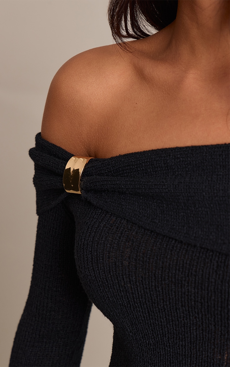Black Bardot Trim Detail Knitted Dress image 4