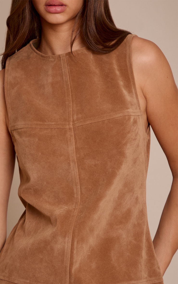 Tan Structured Faux Suede Seam Detail Sleeveless Shift Dress image 4