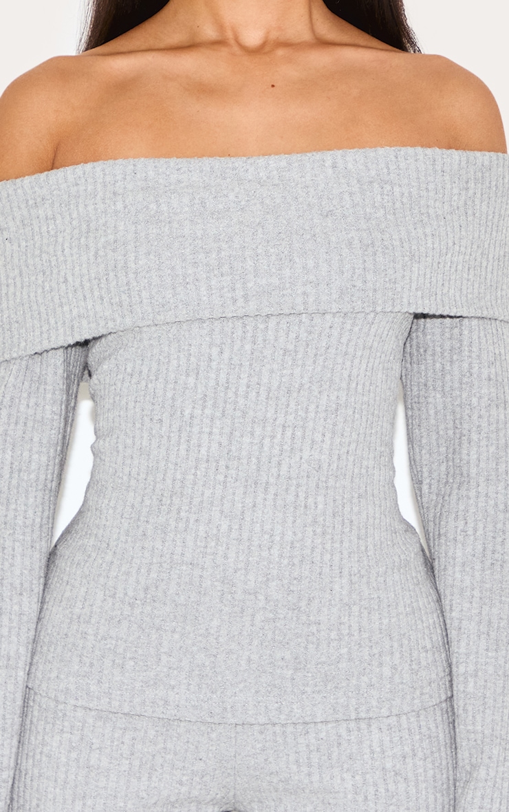 Petite Grey Ribbed Bardot Long Top image 4