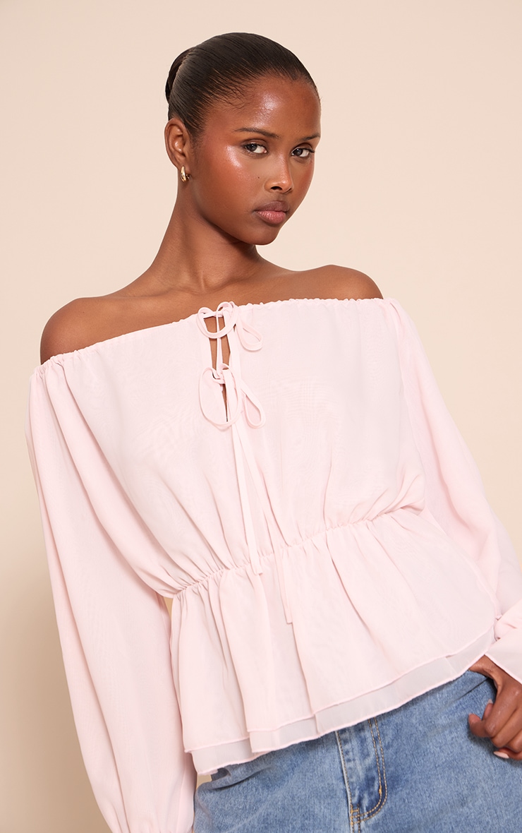 Pale Pink Chiffon Tie Detail Bardot Floaty Top image 4